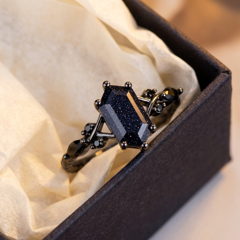 Elegant Hexagonal Cut Black Ring