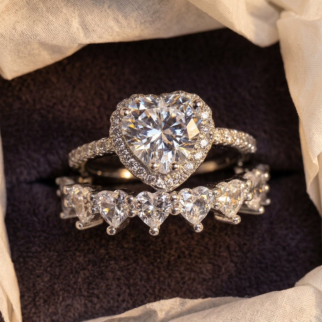 2pc Elegant Heart CZ Ring Stack