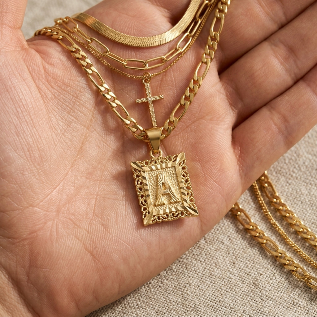 4pc 14k Initial & Cross Necklace Set