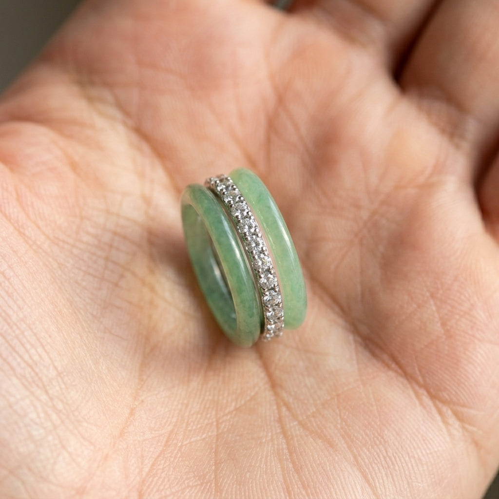 Elegant CZ Center Jade Ring Stack