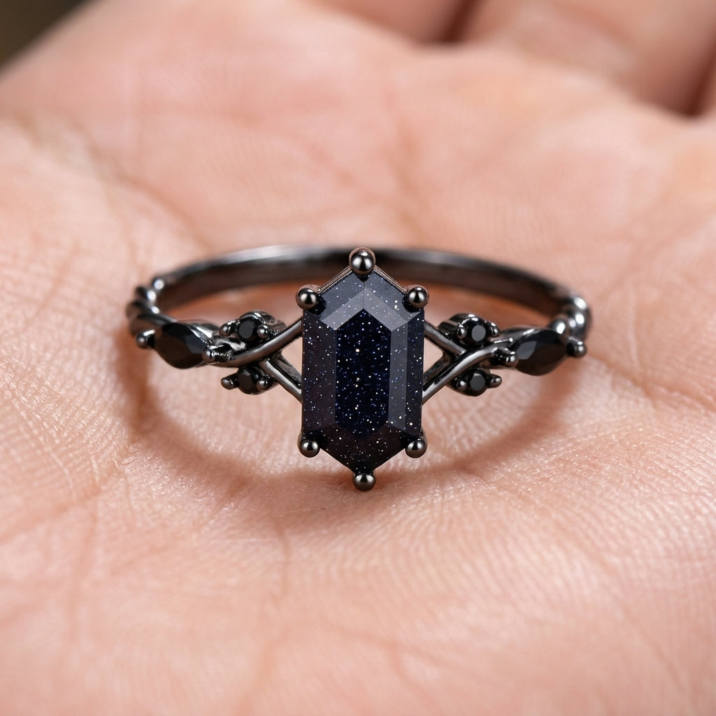 Elegant Hexagonal Cut Black Ring