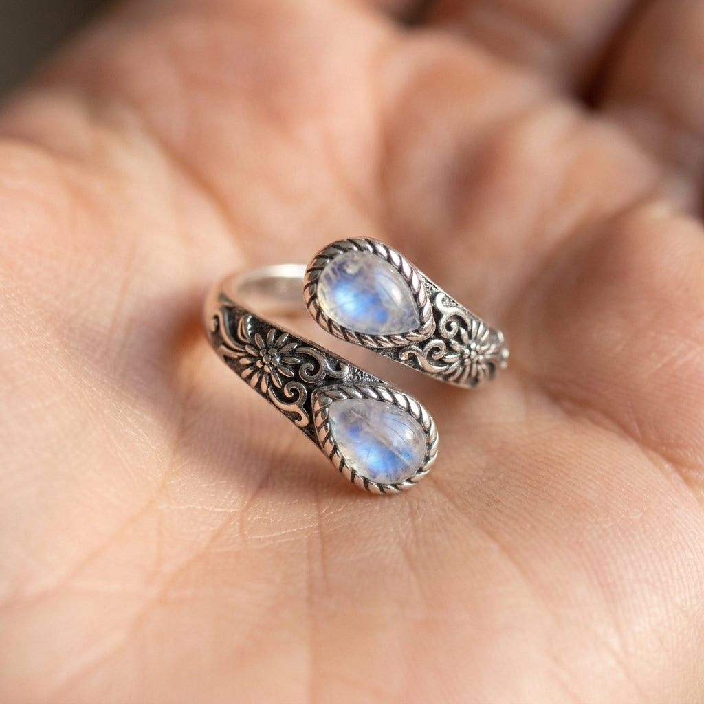 Adjustable Floral Accent Moonstone Ring