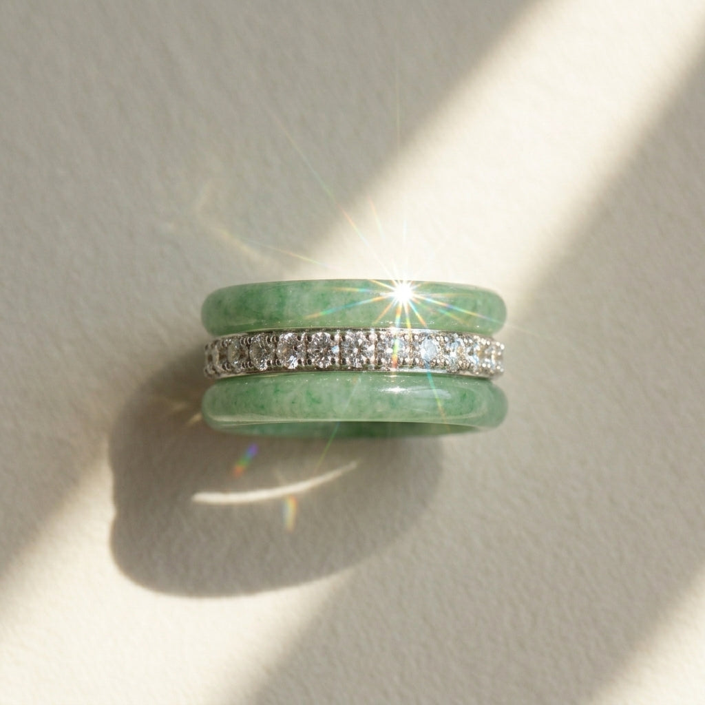 Elegant CZ Center Jade Ring Stack