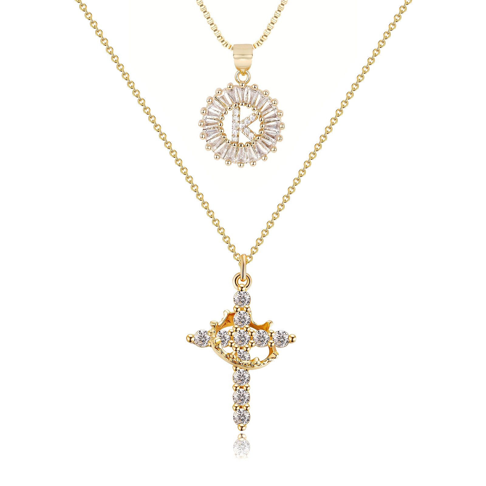 2pc 14k Diamond Cross Crown & Initial Necklace Set