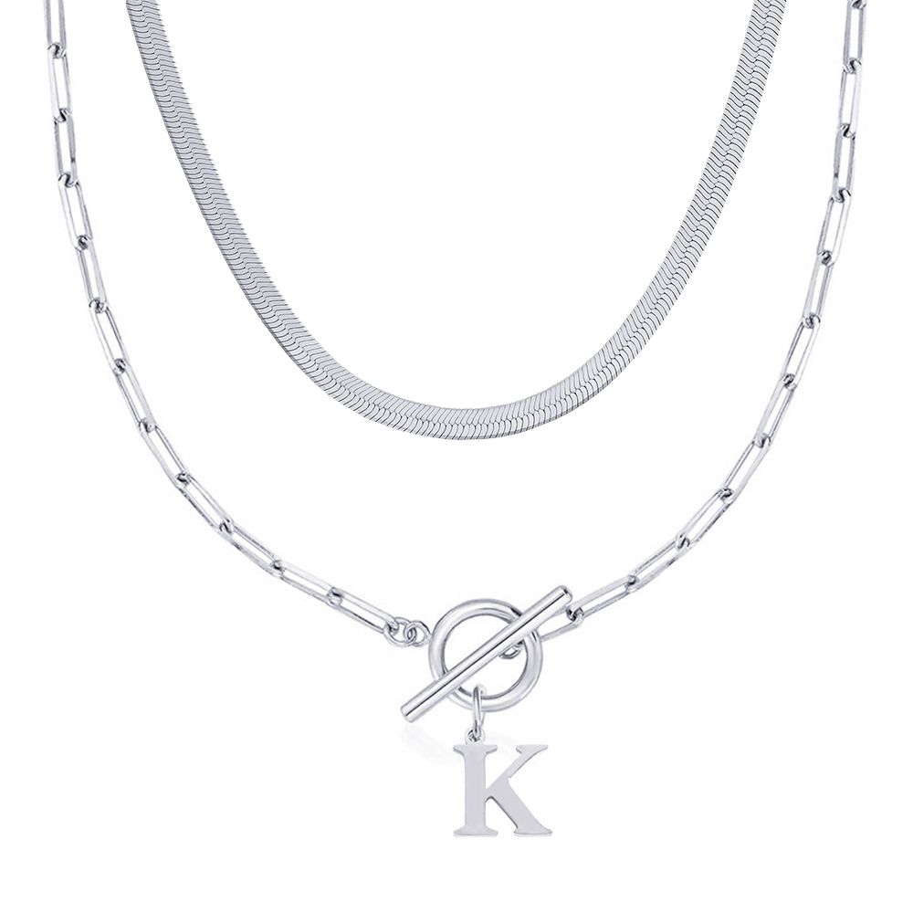 2pc Paperclip Initial Toggle Clasp & Herringbone Necklace Set