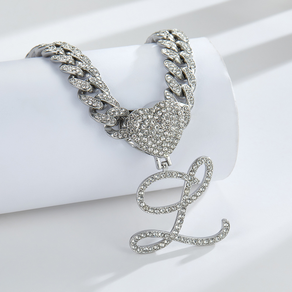 Cursive Diamond Accented Initial Cuban Heart Necklace