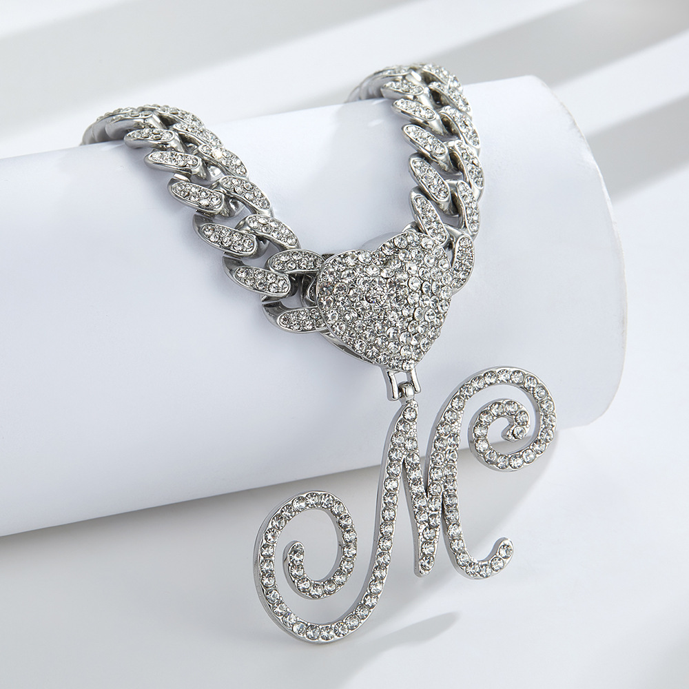Cursive Diamond Accented Initial Cuban Heart Necklace