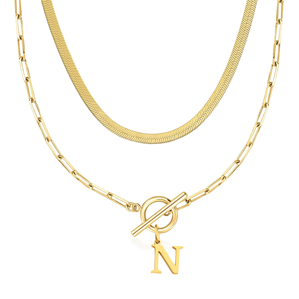 2pc Paperclip Initial Toggle Clasp & Herringbone Necklace Set