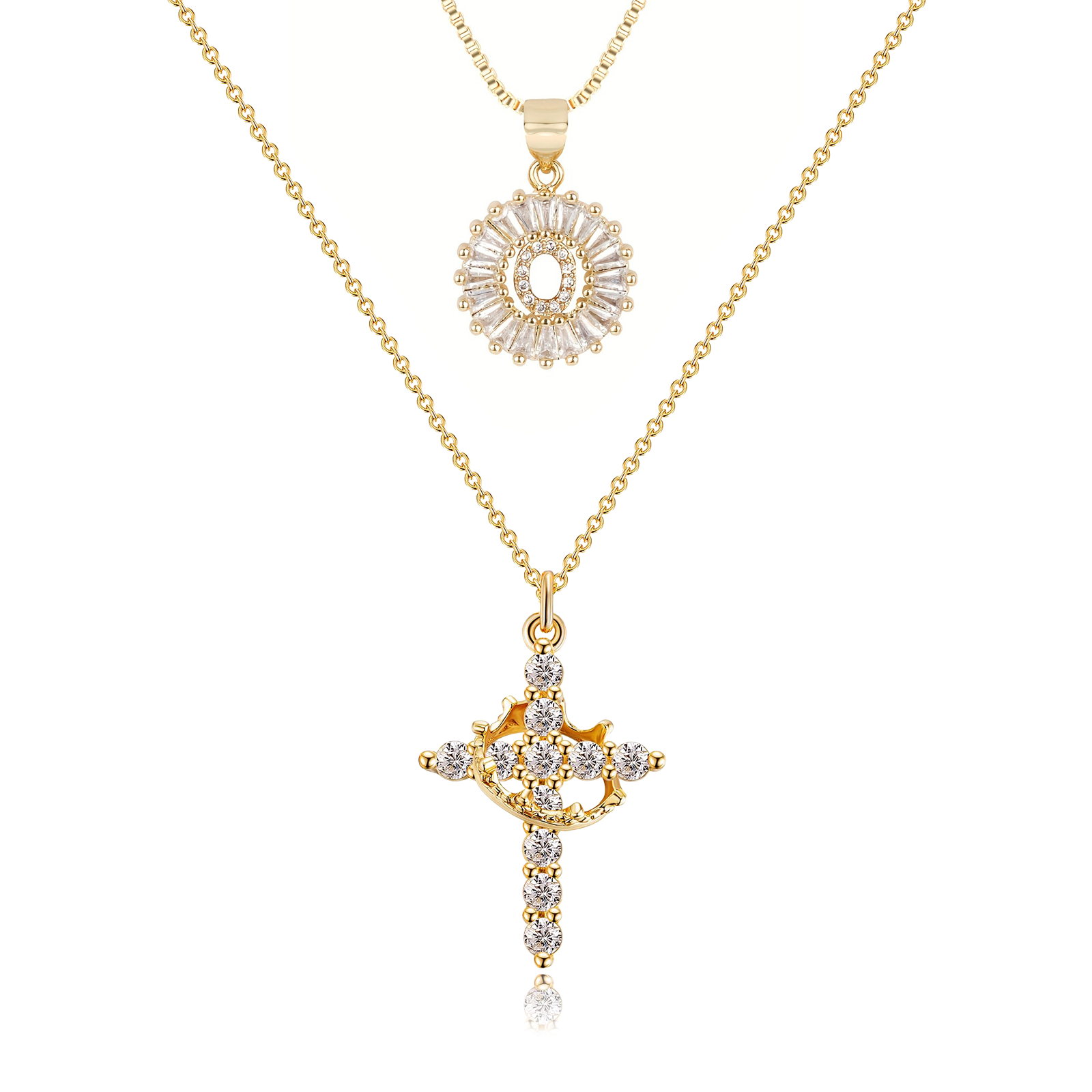 2pc 14k Diamond Cross Crown & Initial Necklace Set