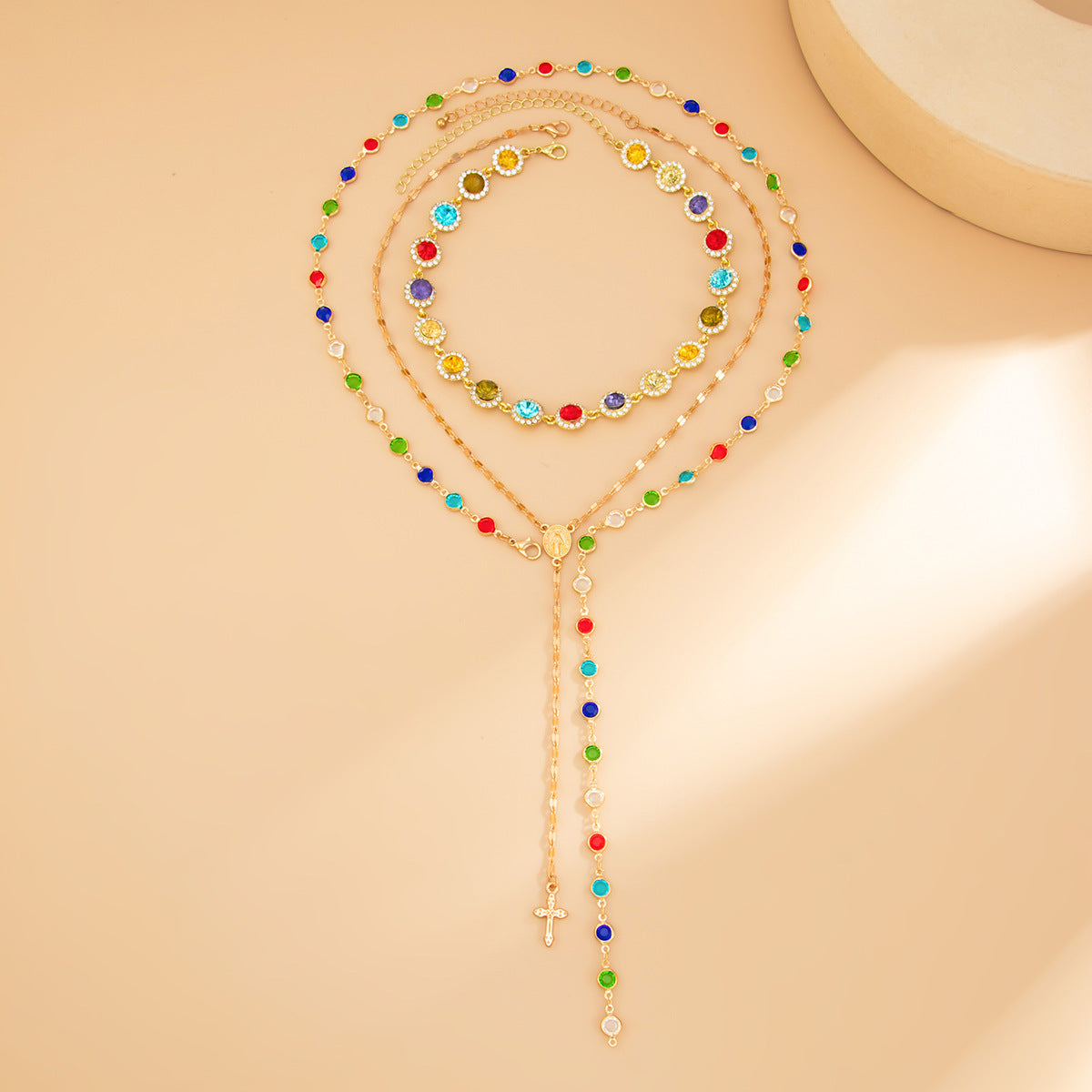 3pc Colorful Choker & Cross Lariats Necklace Set
