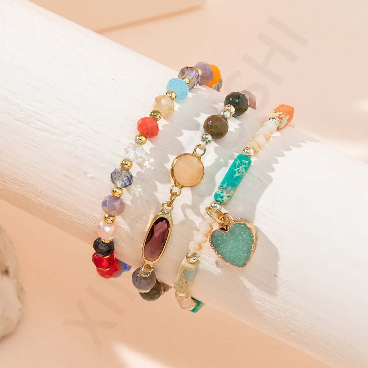 3pc Boho Heart Charm Beaded Bracelet Stack
