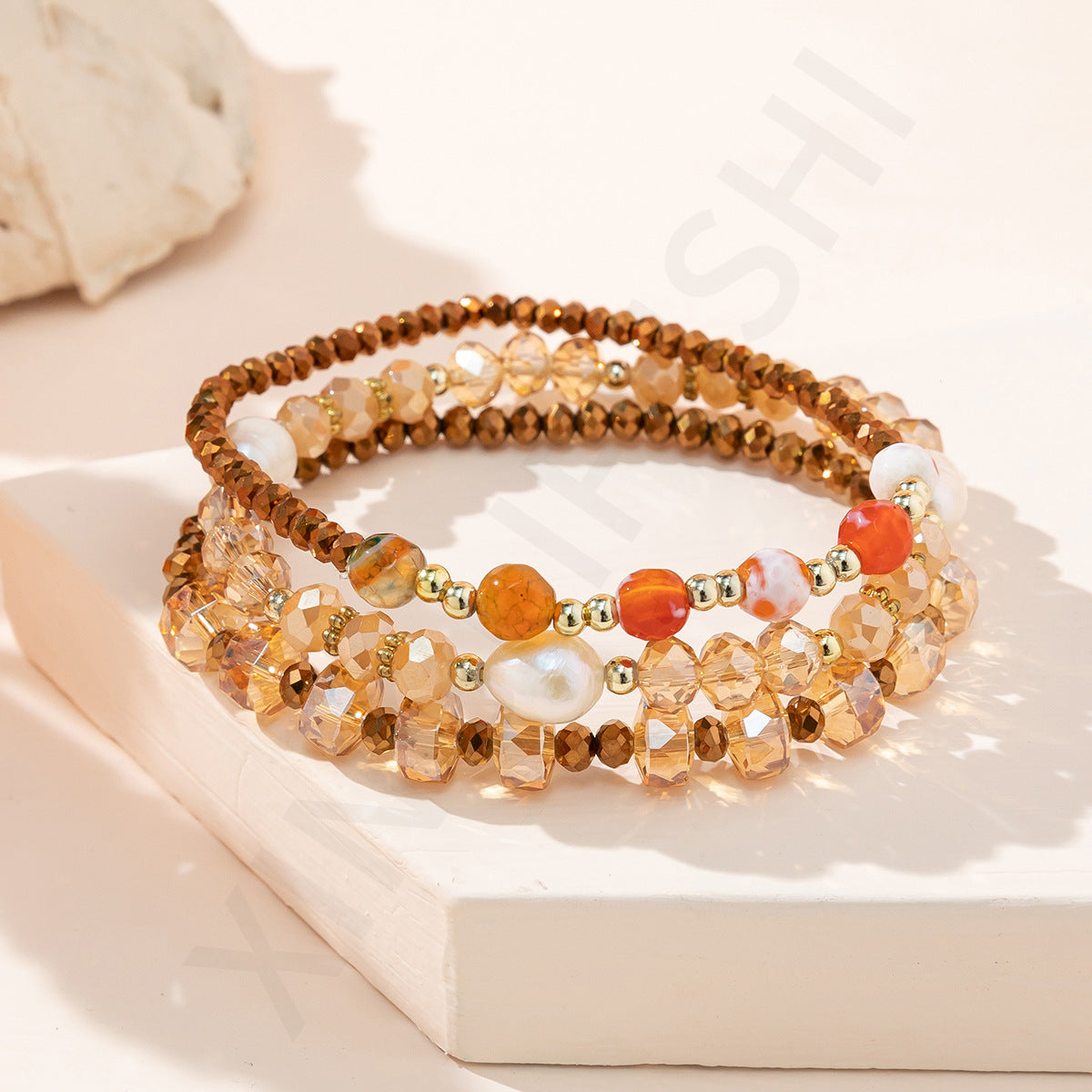 3pc Boho Heart Charm Beaded Bracelet Stack