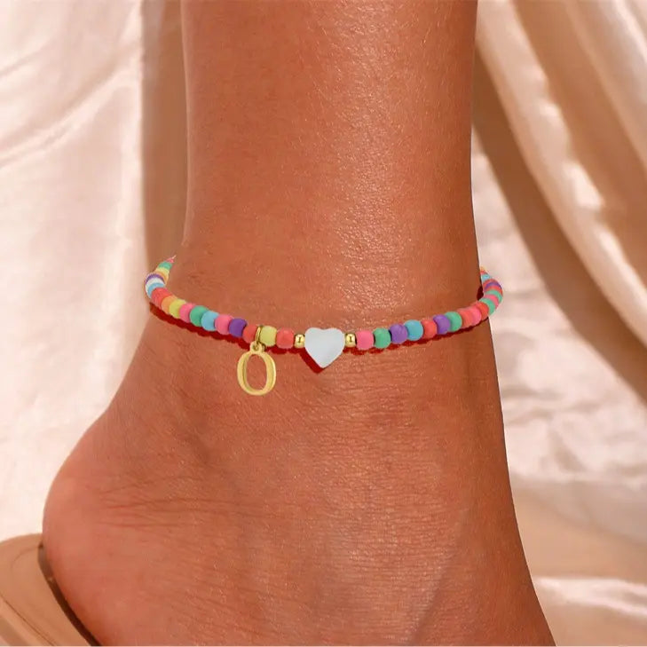 Colorful Pearl Heart Initial Anklet