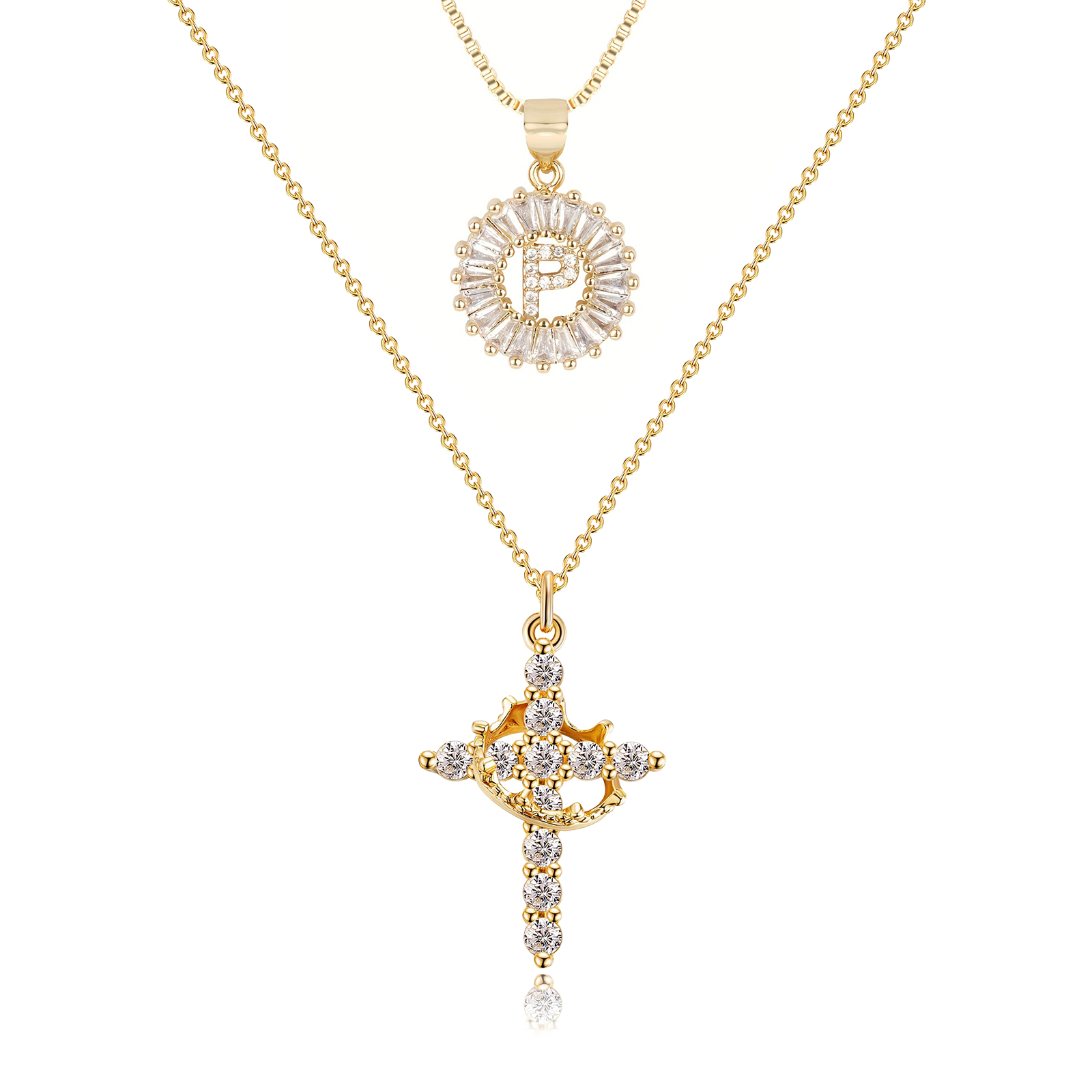 2pc 14k Diamond Cross Crown & Initial Necklace Set