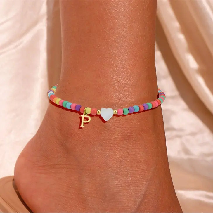 Colorful Pearl Heart Initial Anklet
