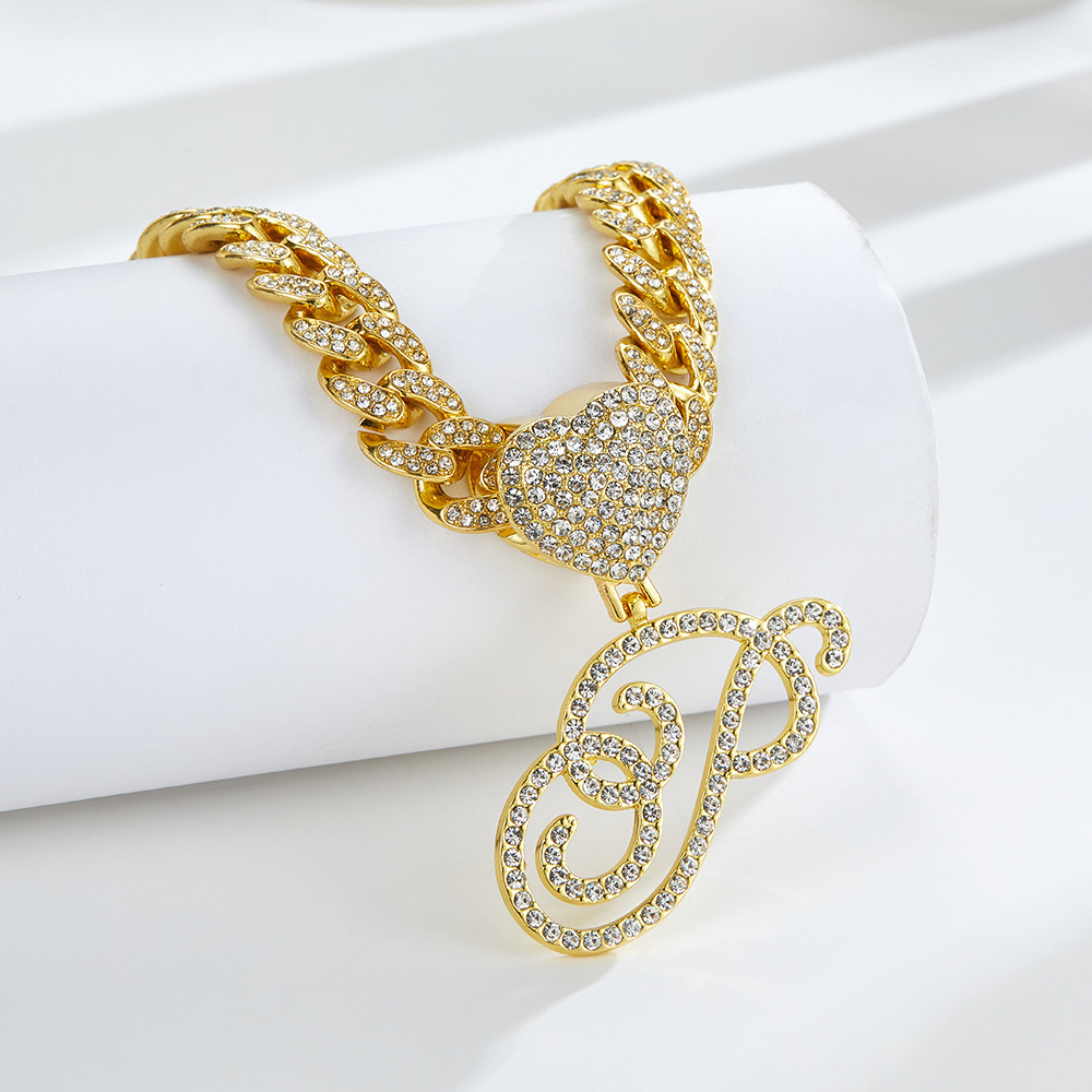 Cursive Diamond Accented Initial Cuban Heart Necklace