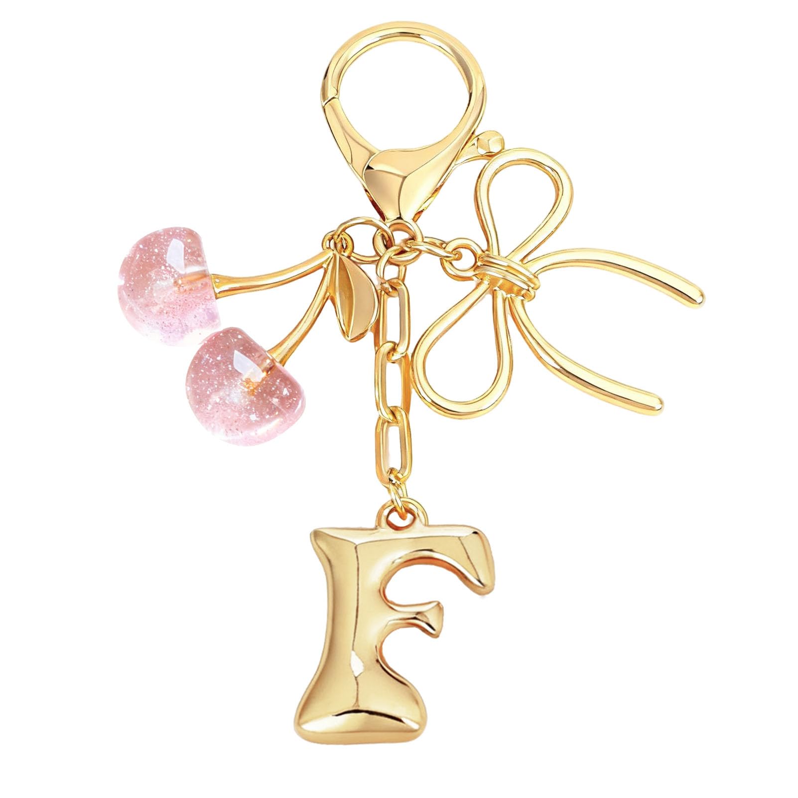 Bubble Initial With Bow & Cherry Charms Keychain