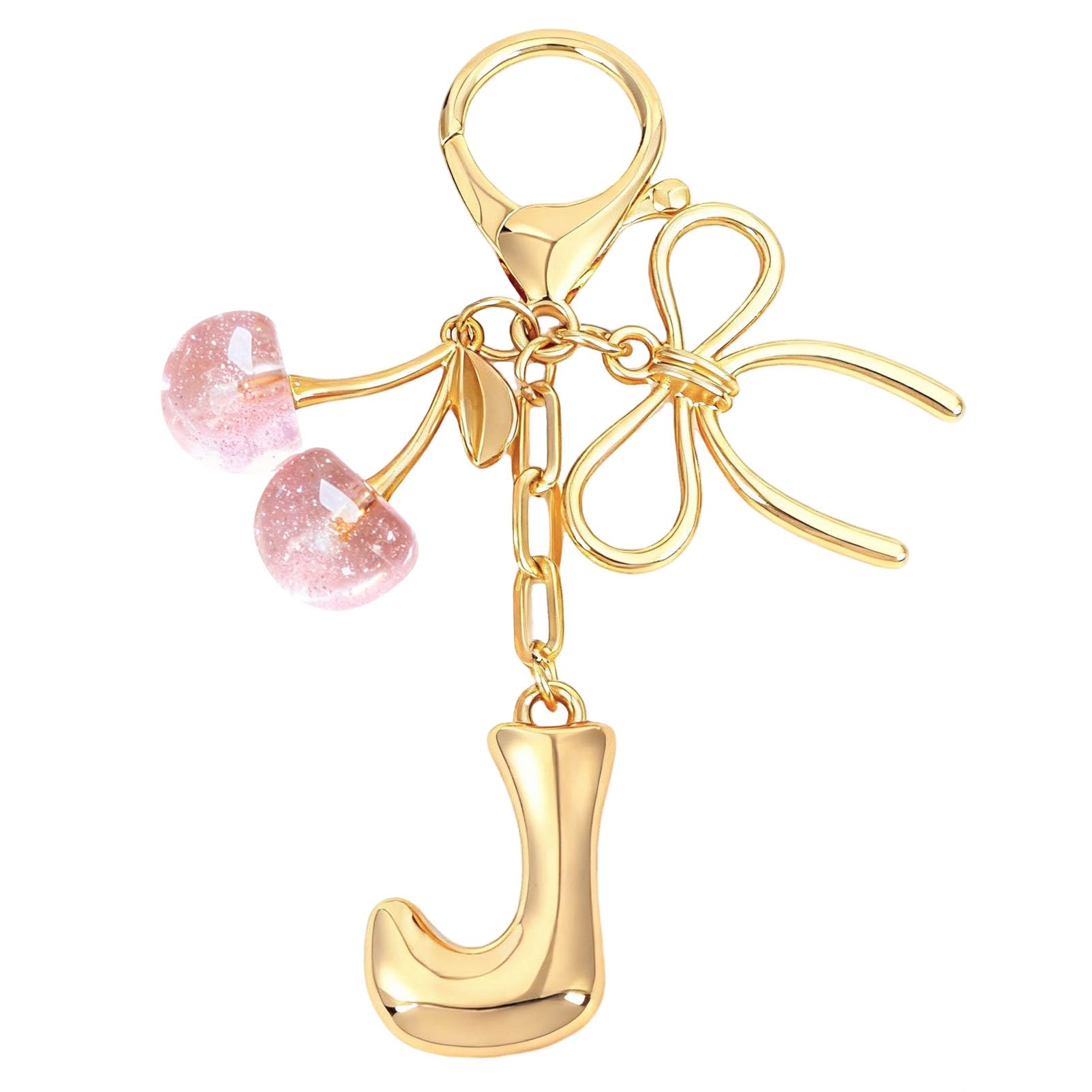 Bubble Initial With Bow & Cherry Charms Keychain