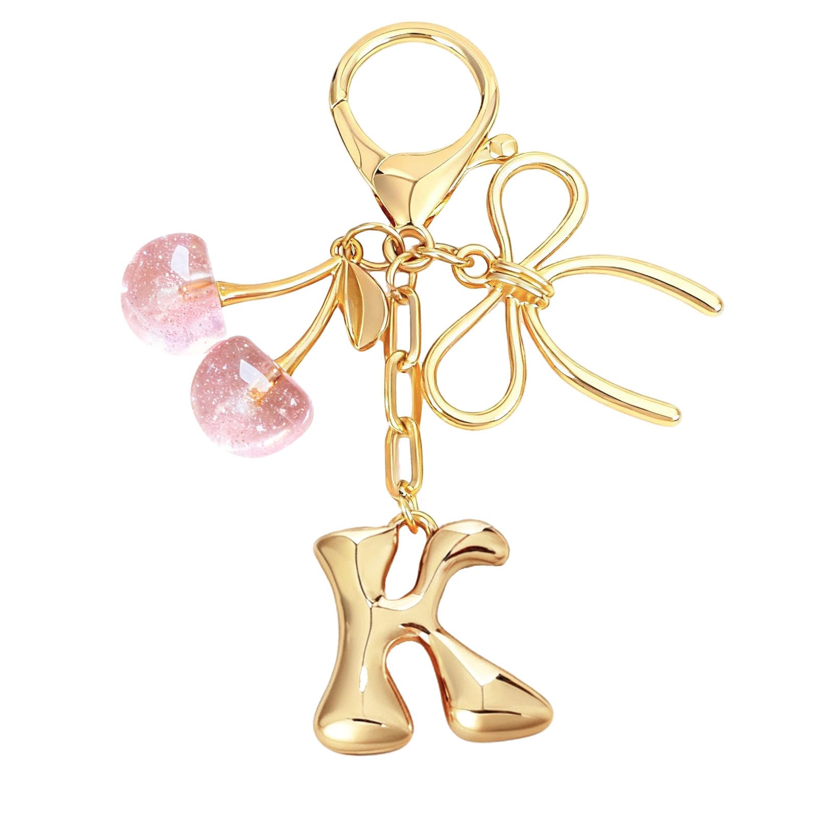 Bubble Initial With Bow & Cherry Charms Keychain