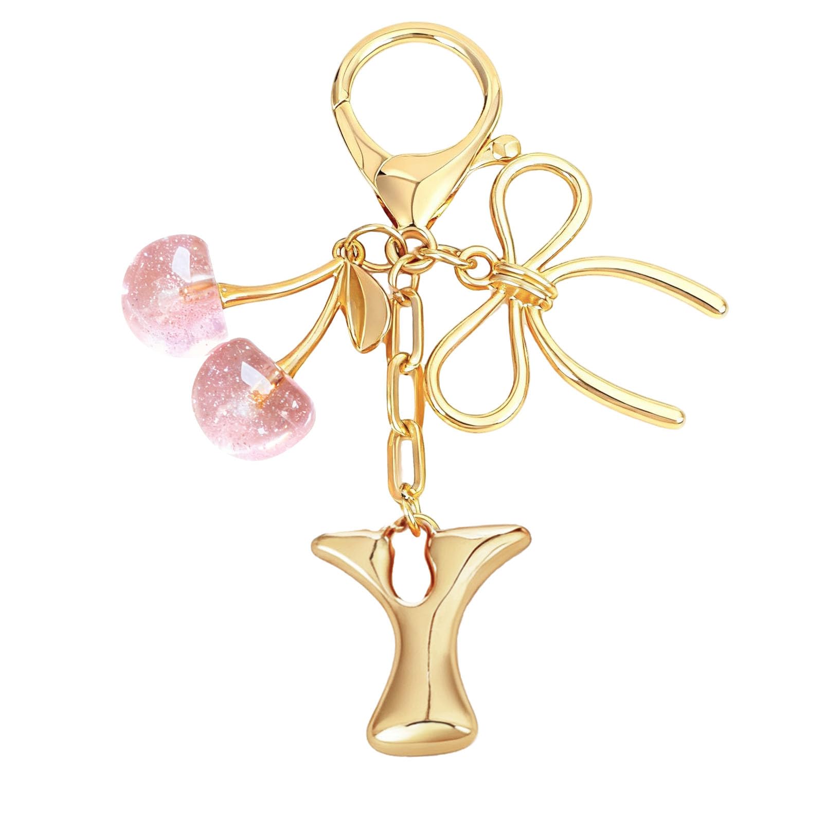 Bubble Initial With Bow & Cherry Charms Keychain