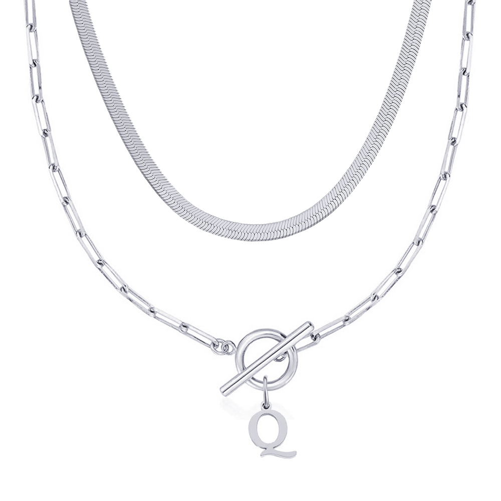 2pc Paperclip Initial Toggle Clasp & Herringbone Necklace Set