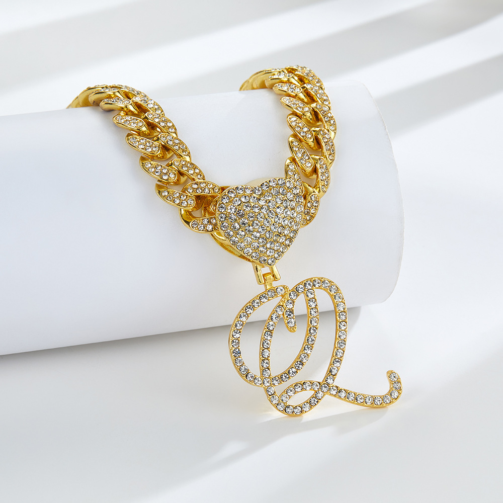 Cursive Diamond Accented Initial Cuban Heart Necklace