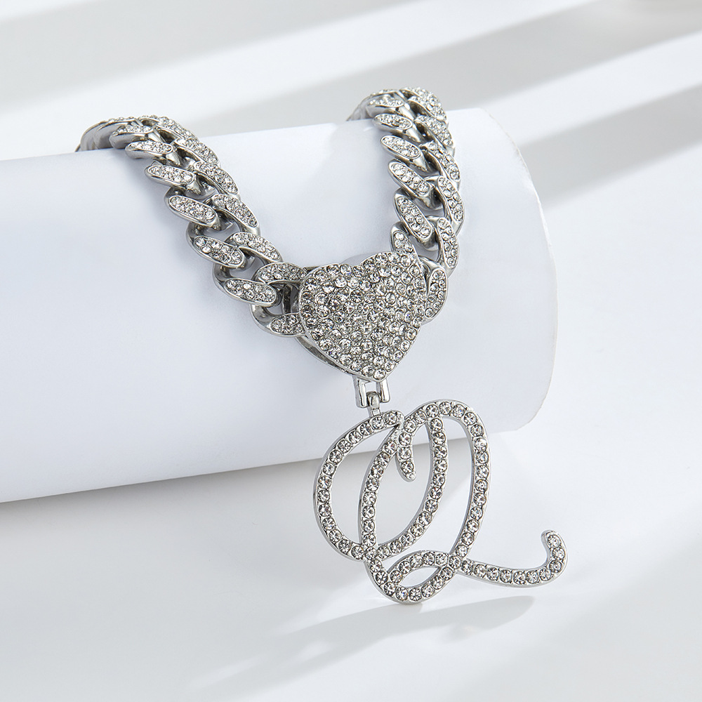 Cursive Diamond Accented Initial Cuban Heart Necklace
