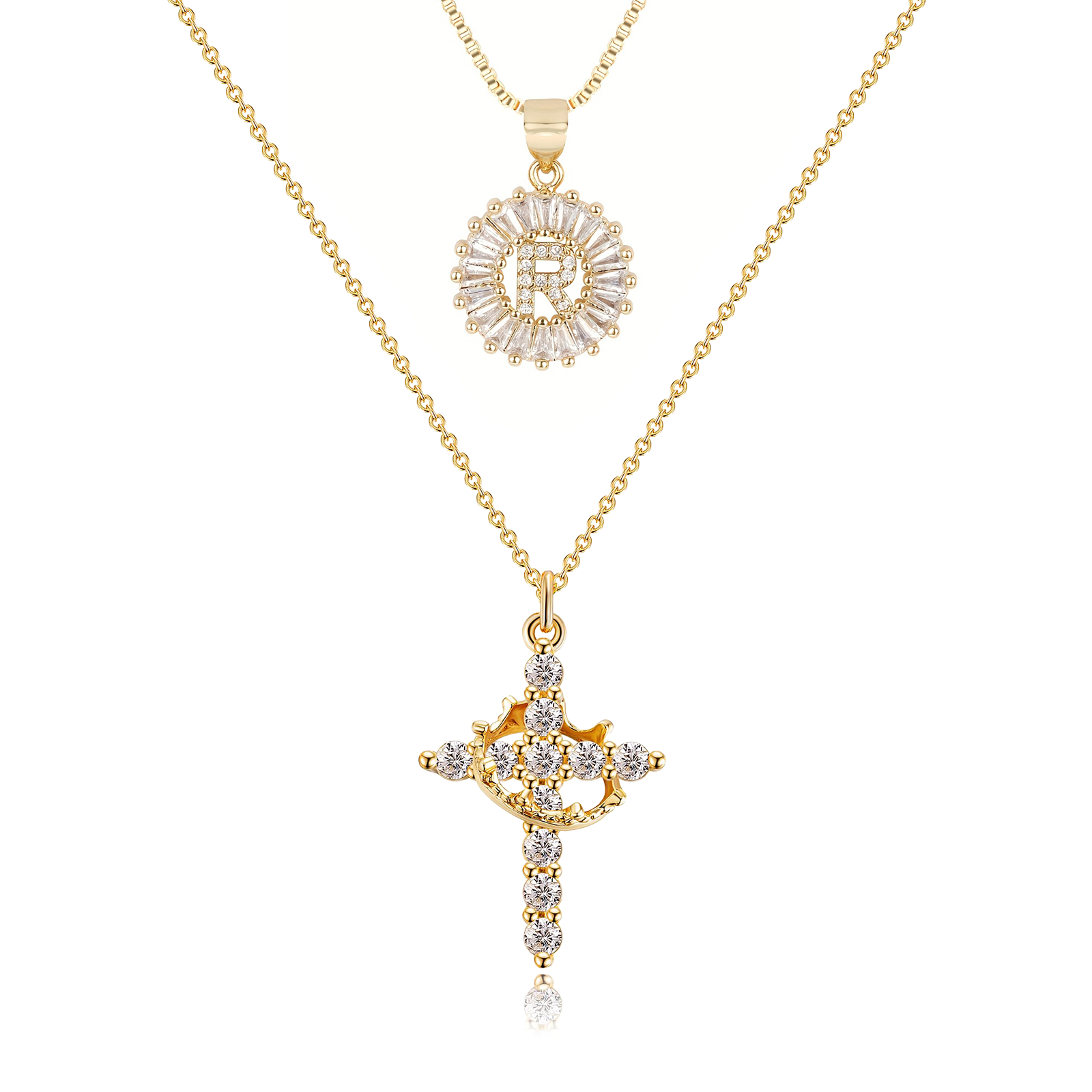 2pc 14k Diamond Cross Crown & Initial Necklace Set