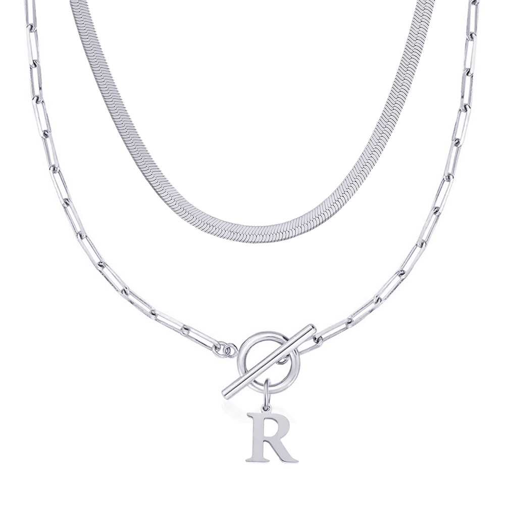 2pc Paperclip Initial Toggle Clasp & Herringbone Necklace Set