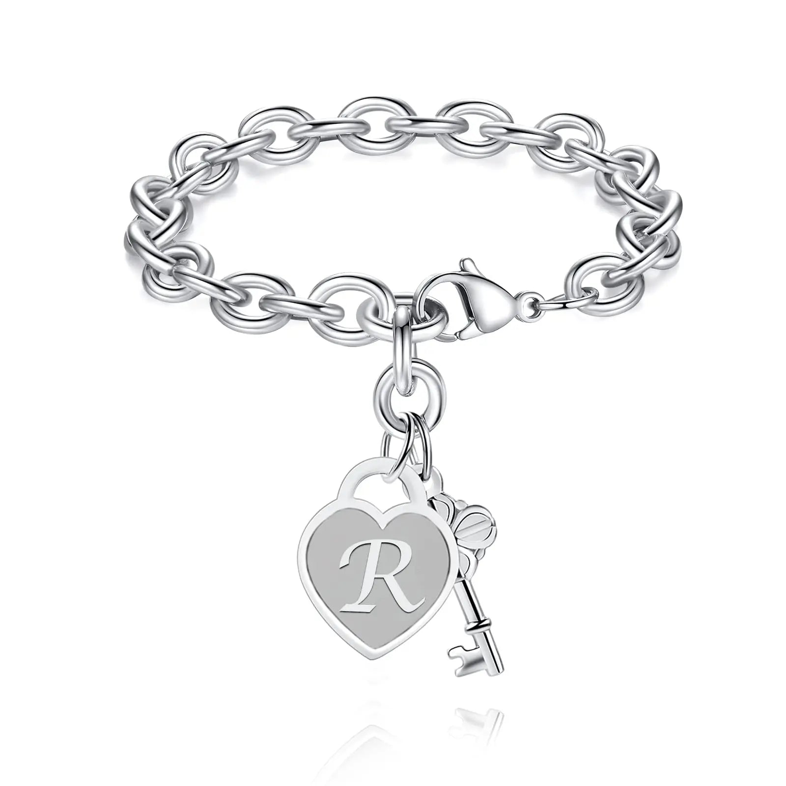 Chunky Clip Heart & Key Letter Initial Bracelet