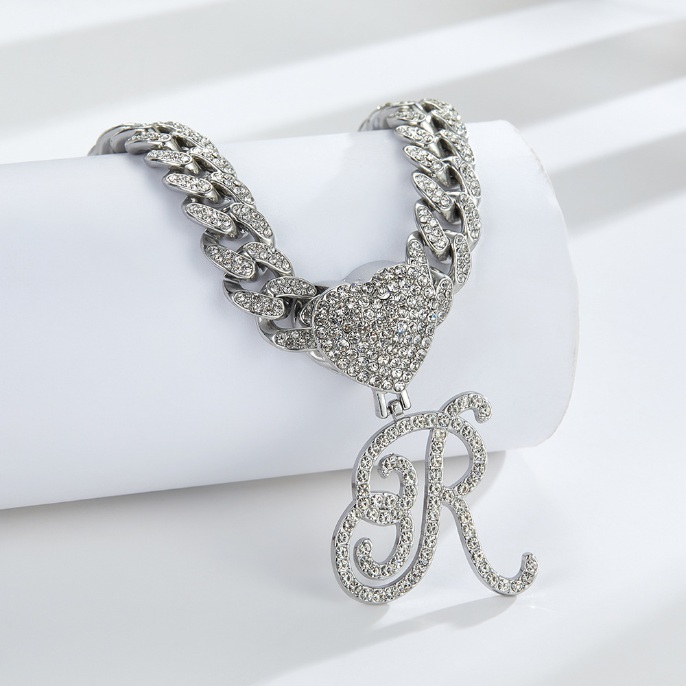 Cursive Diamond Accented Initial Cuban Heart Necklace