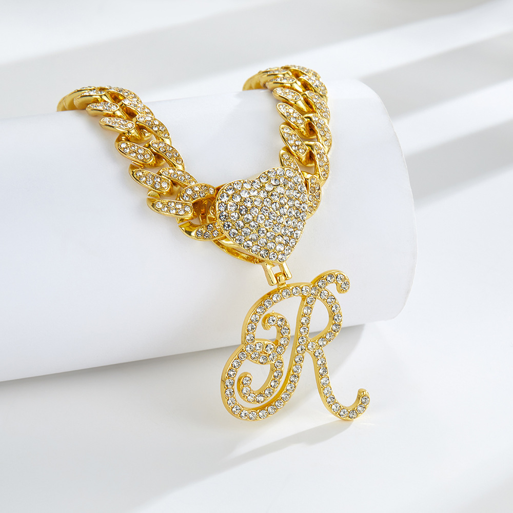 Cursive Diamond Accented Initial Cuban Heart Necklace