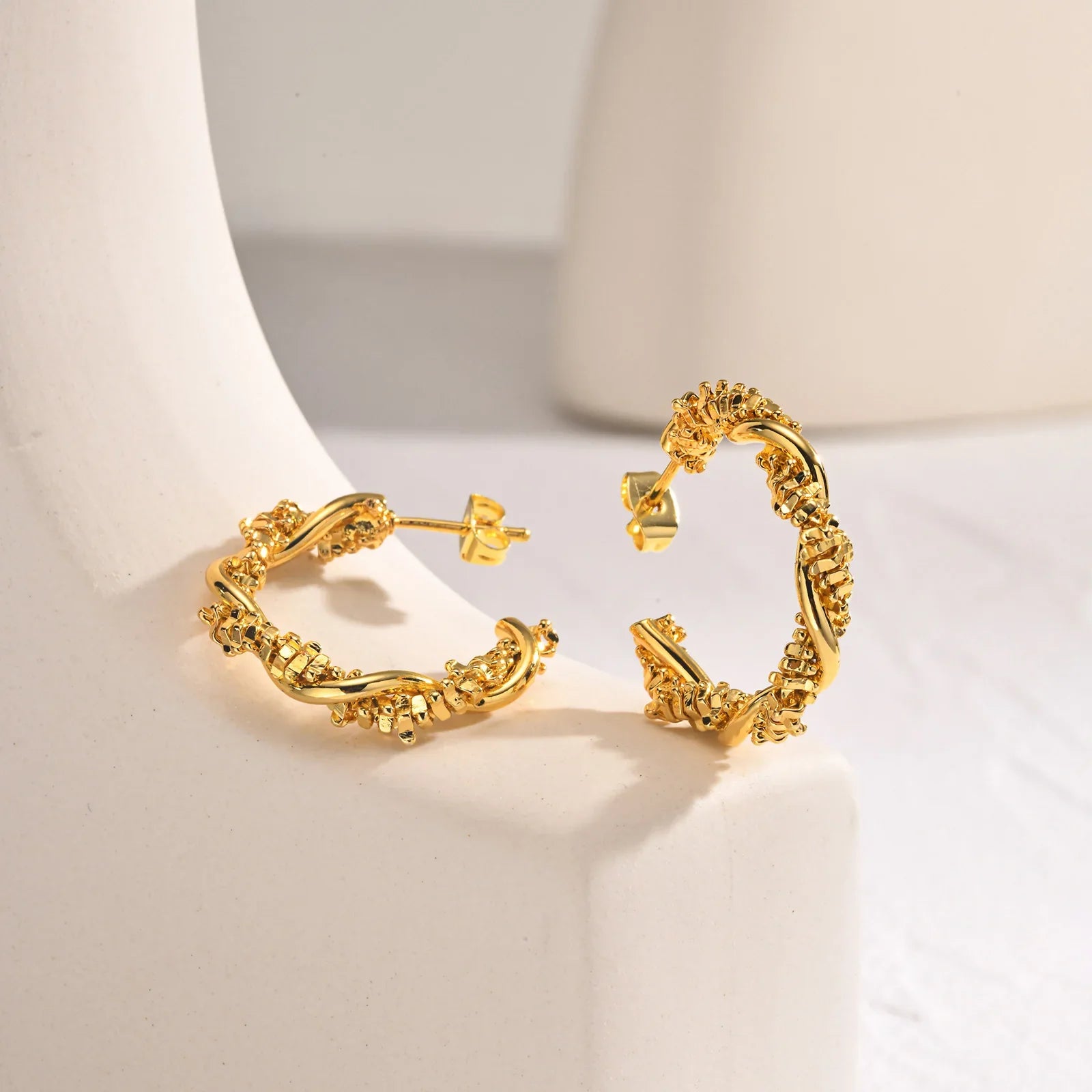 14k Dainty Textured Spiral Hoop Earrings
