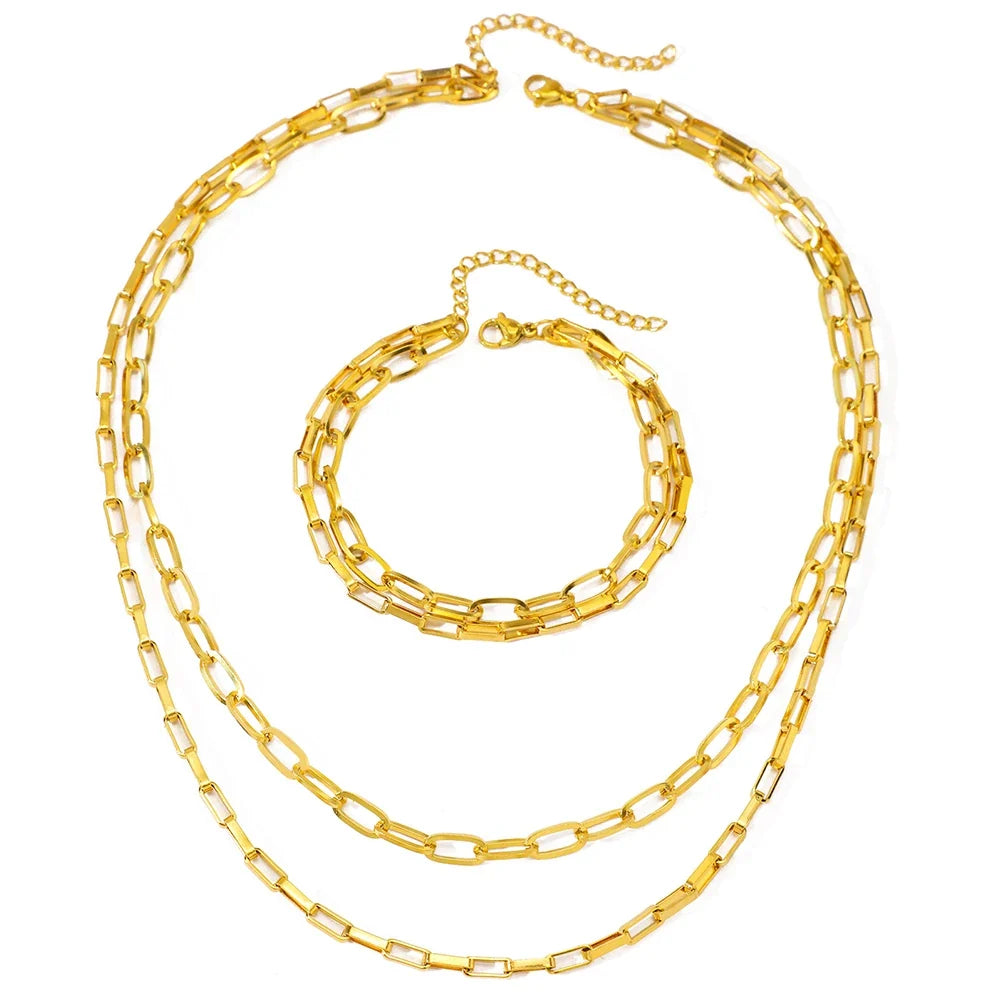 Layered Dual Paperclip Bracelet and Necklace Set