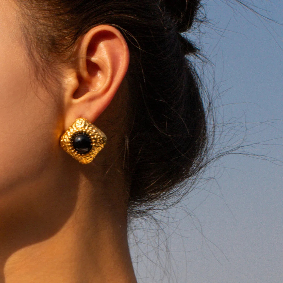 Hammered Square Onyx Earrings