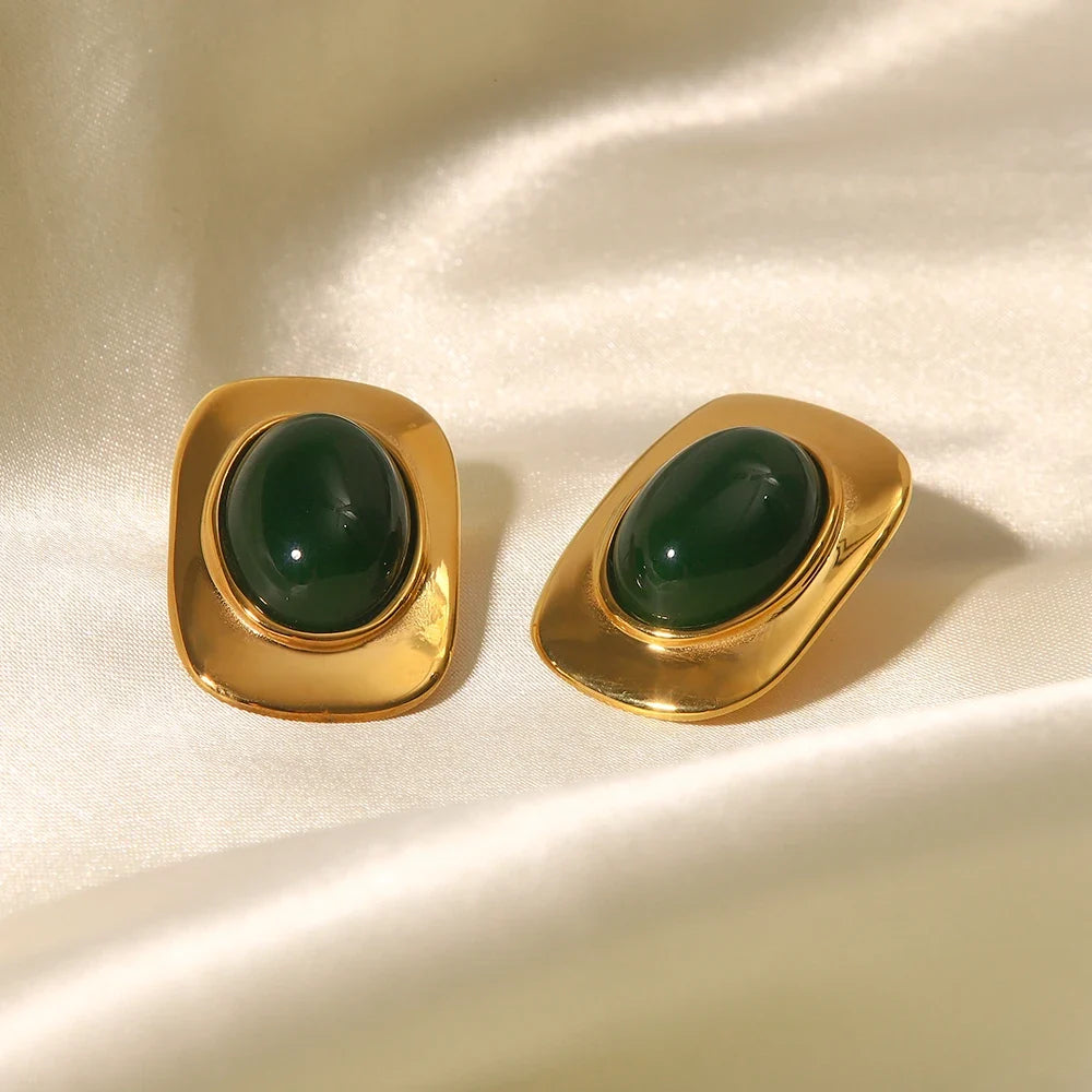 18k Green Oval Opal Rectangle Earrings