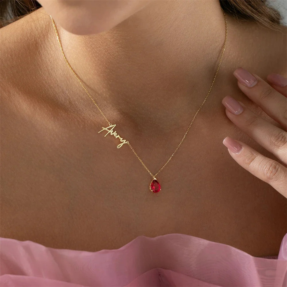 Dainty Name & Teardrop Birthstone Necklace
