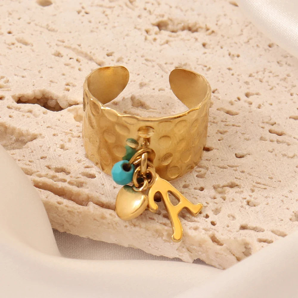 Dainty Adjustable Letter Initial & Heart Pendant Ring