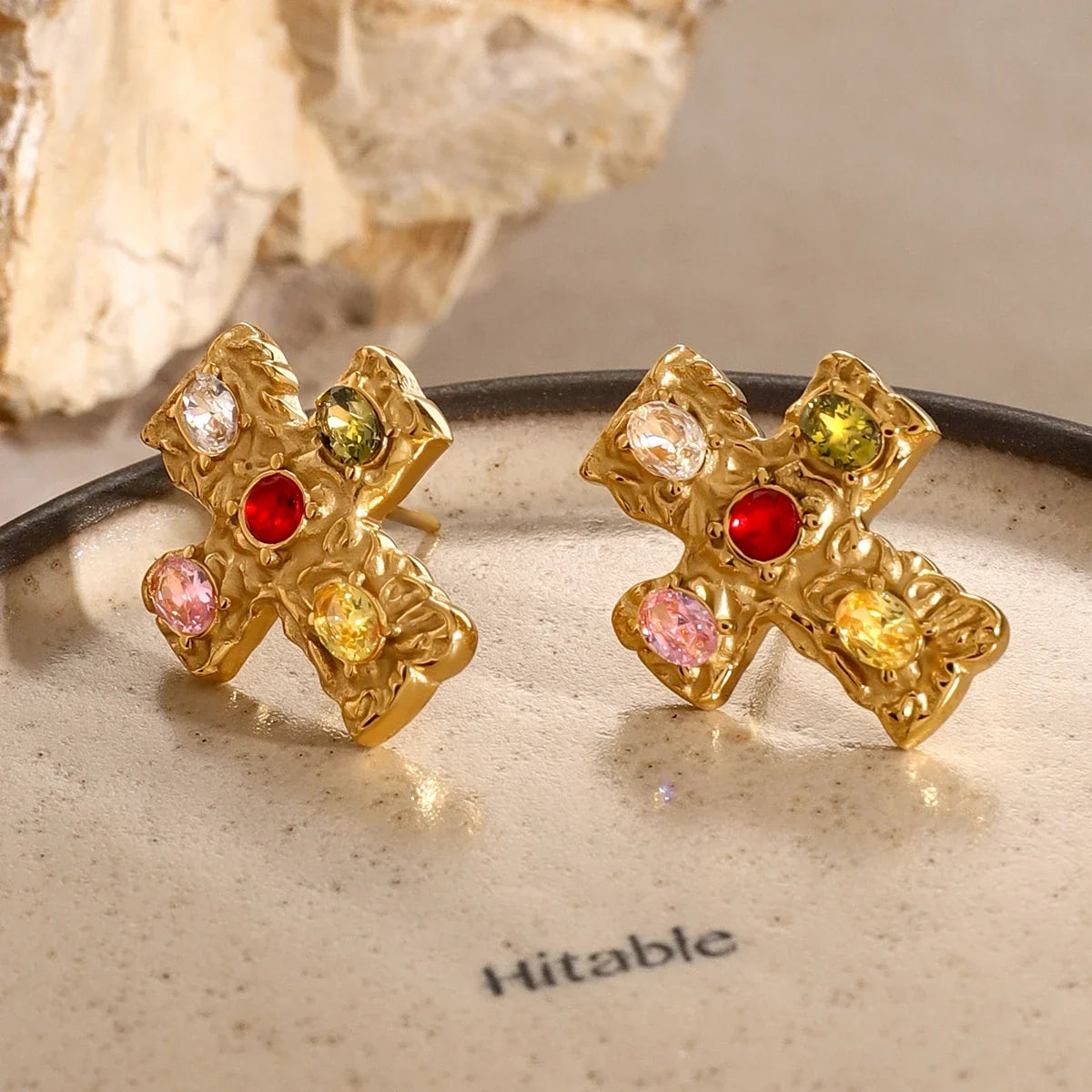 18k Textured Oval Diamond Cross Earrings