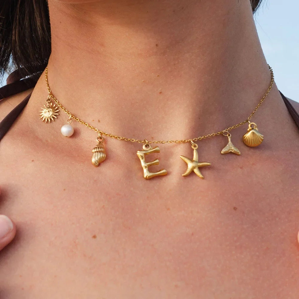 18k Summer Sea Shell Letter Initial Necklace