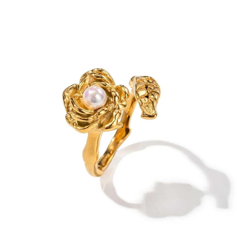 Adjustable Pearl Camellia Flower Ring