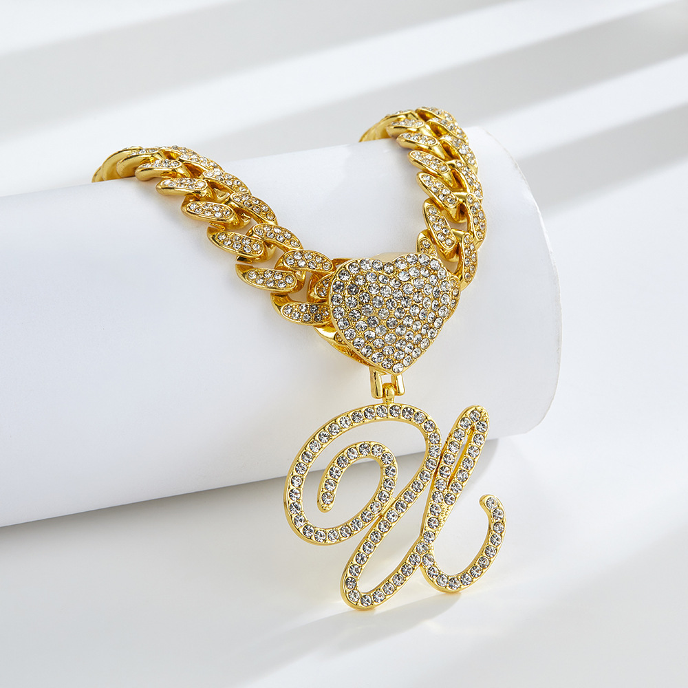 Cursive Diamond Accented Initial Cuban Heart Necklace