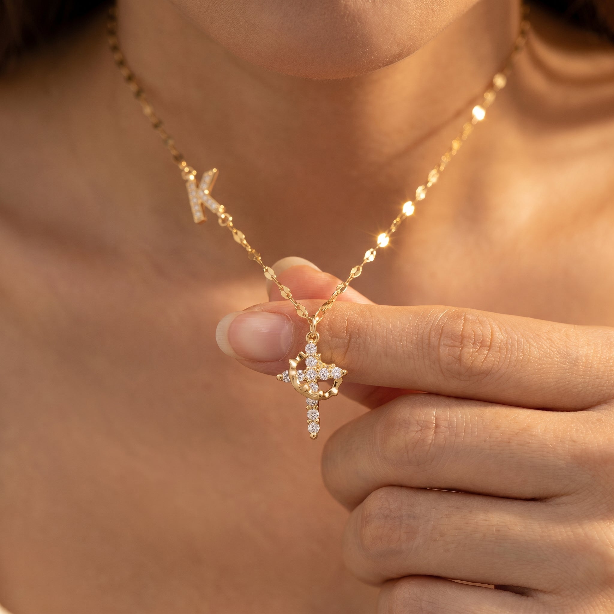 Dainty Diamond Initial Cross Crown Necklace