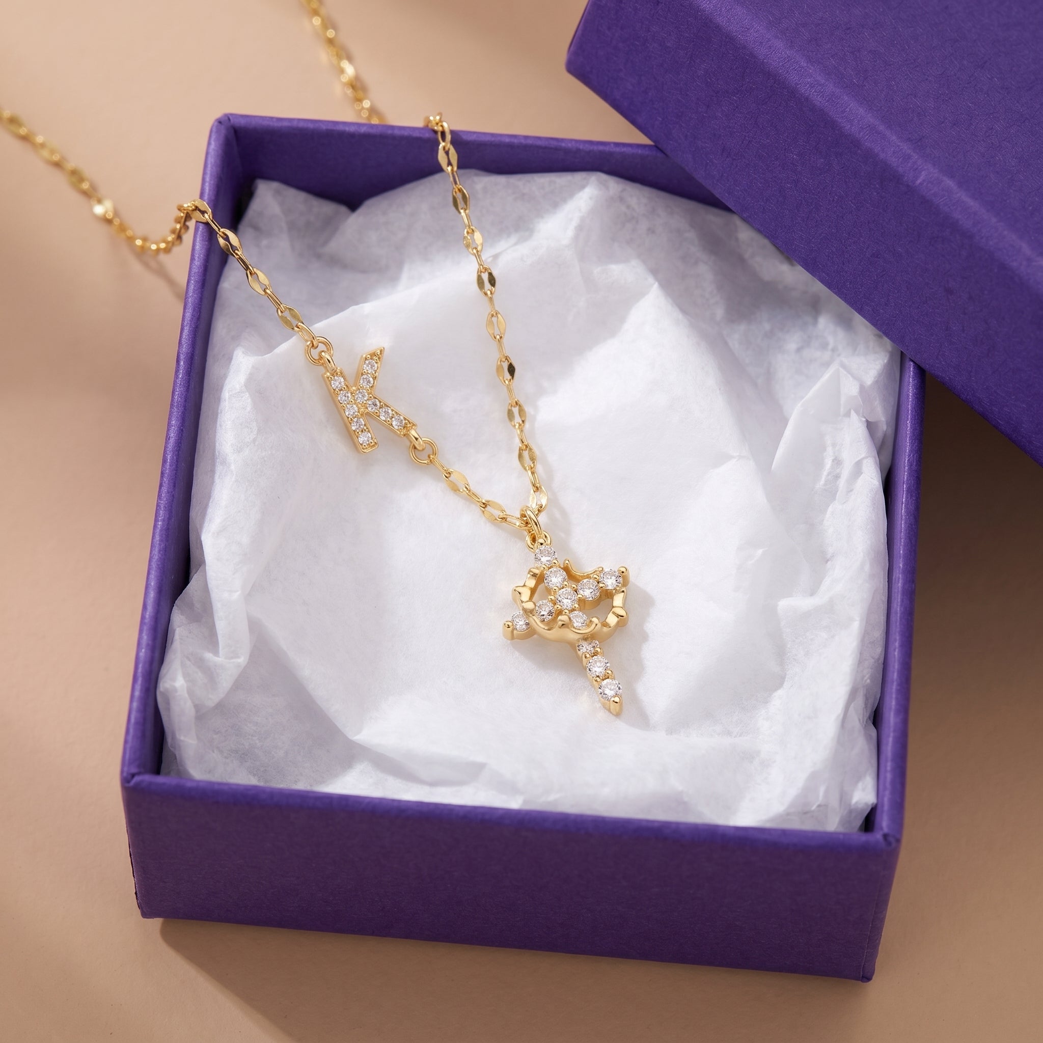 Dainty Diamond Initial Cross Crown Necklace