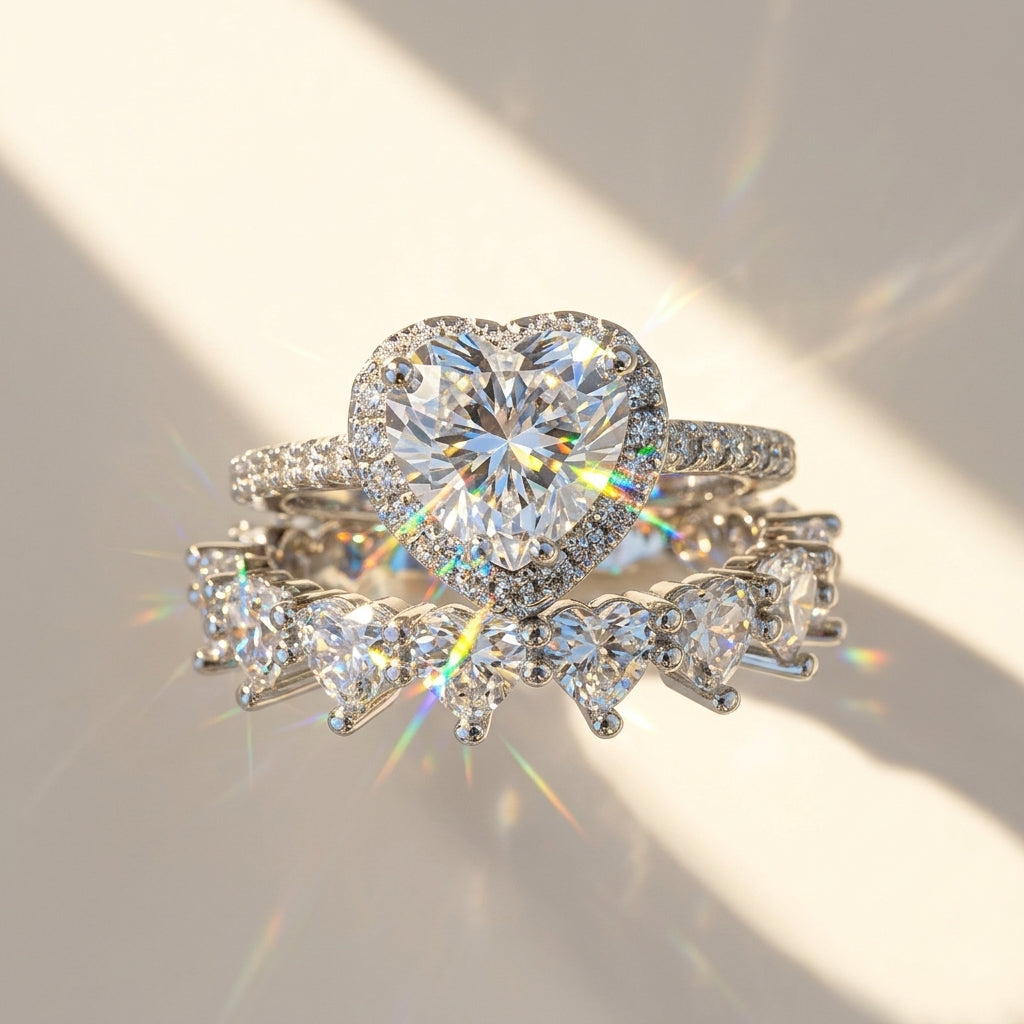 2pc Elegant Heart CZ Ring Stack