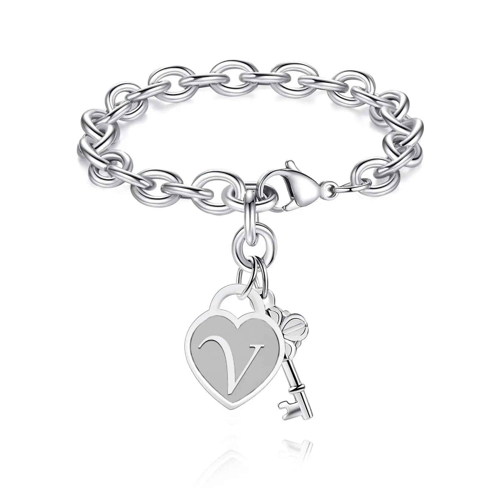 Chunky Clip Heart & Key Letter Initial Bracelet