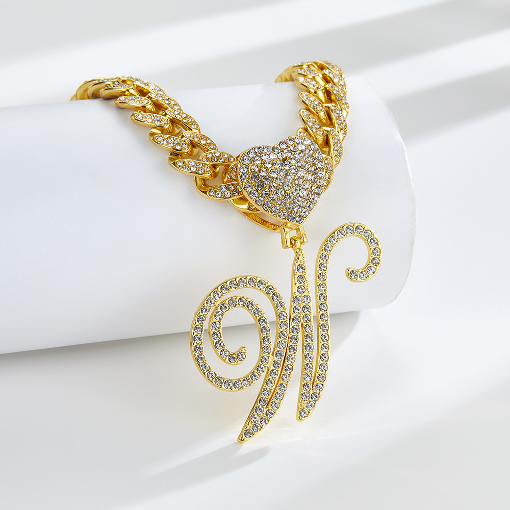Cursive Diamond Accented Initial Cuban Heart Necklace