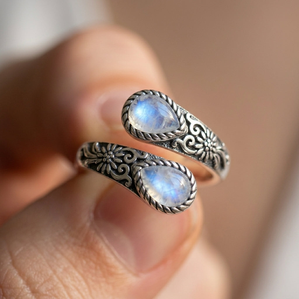 Adjustable Floral Accent Moonstone Ring