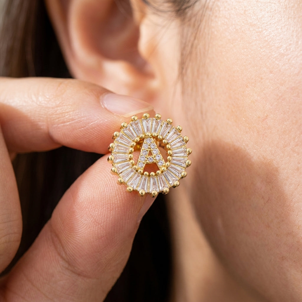 Dainty Halo Diamond Letter Initial Stud Earrings