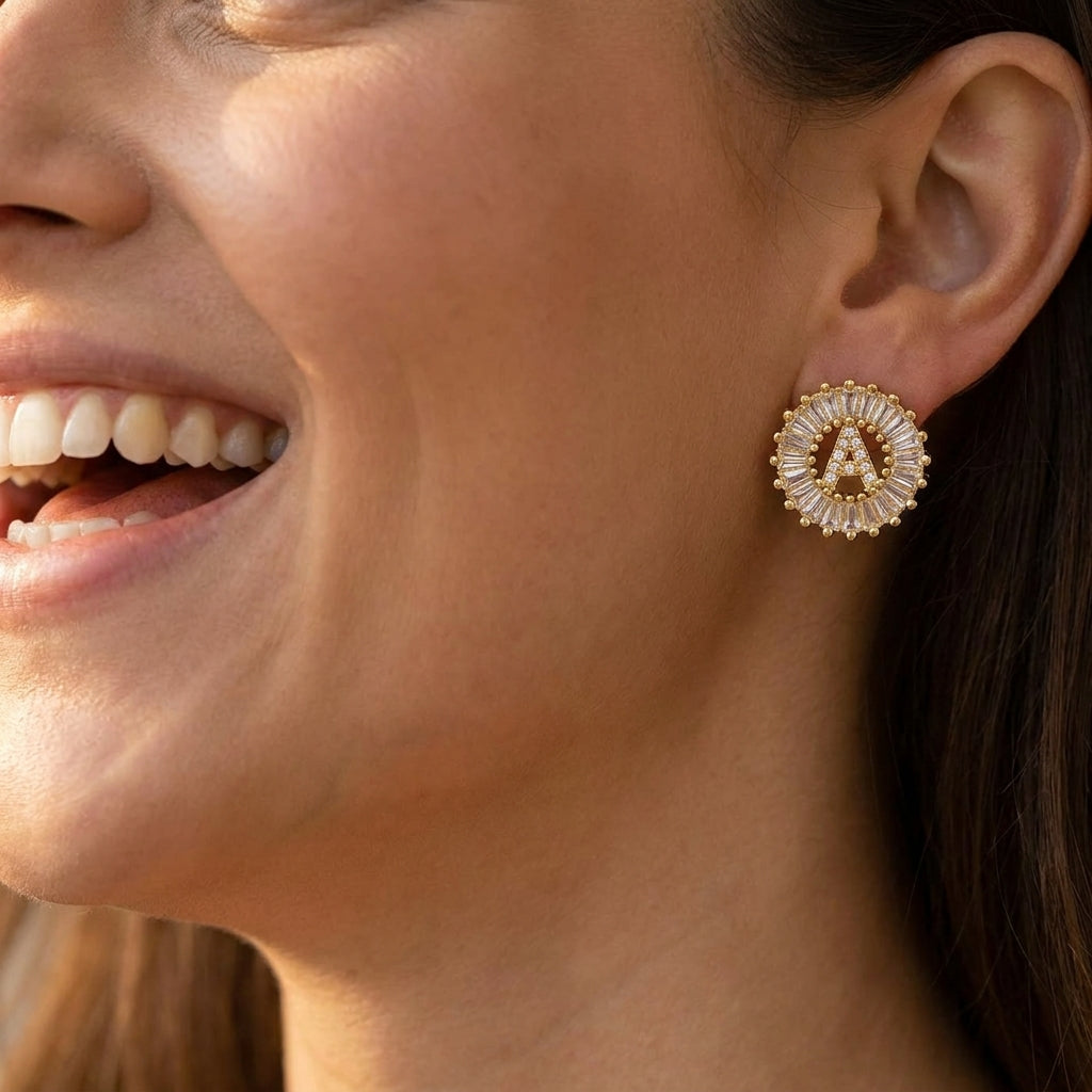 Dainty Halo Diamond Letter Initial Stud Earrings